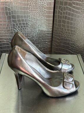 BCBGirls Metallic Pewter Open-Toe Heels with Buckle Accent